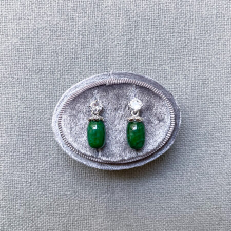 Tubular Jade Small 8x12 mm with Round Solitaire Earrings - Rhodium White Gold, Jade