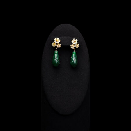 Trio Floral Teardrop Jade Earrings - Doff Gold, Jade