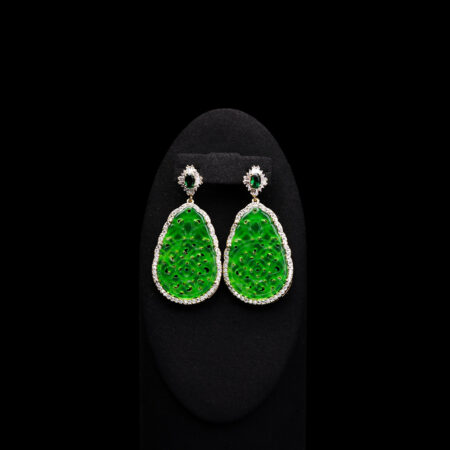Superior Oval T Carved Rounded Teardrop Small Jade Earrings - 18k Yellow Gold, Emerald