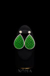 Superior Round Paved Carved Teardrop Jade Earrings - 18k Yellow Gold, Yellow Diamond