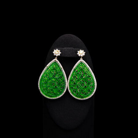 Superior Round Paved Carved Teardrop Jade Earrings - 18k Yellow Gold, Yellow Diamond