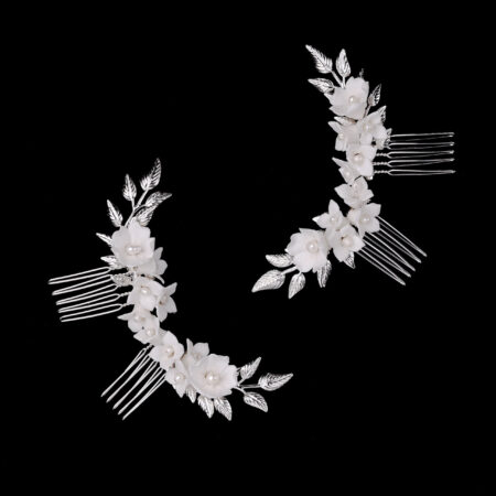 Clay Flower Little Side Haircomb Set - White Silver (4 pcs)