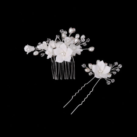 Clay Flower Lily Pearl Small Haircomb and Hairpin Set - White Silver (2 pcs)