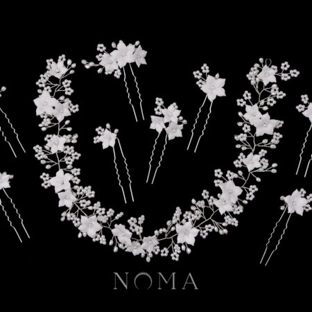 Clay Flower Jasmine Pearly Hairvine and Hairpin Set - White Silver (9 pcs)