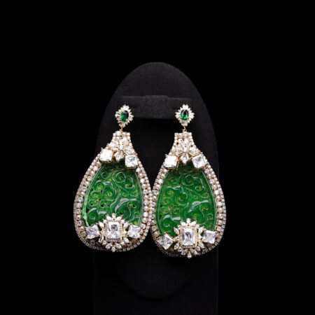 Antique Sparkle Carved Teardrop Jade Earrings - Gold, Jade