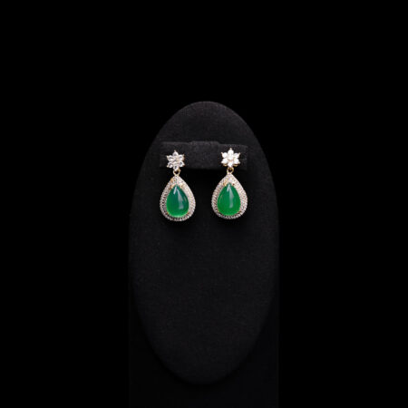 Superior Pear Jade Double Halo Round Paved Top Earrings - 18k Yellow Gold, Jade